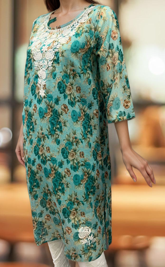 Sea Green Chikankari Kurti. Kota Doria Fabric. | Laces and Frills - Laces and Frills