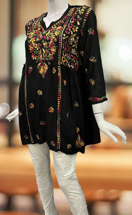 Black Chikankari Short Kurti. Flowy Rayon Fabric. | Laces and Frills - Laces and Frills
