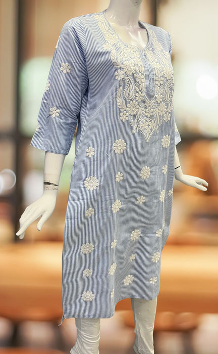Blue Machine Chikankari Kurti.  Versatile Cotton Fabric. | Laces and Frills - Laces and Frills