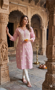 Pink Machine Chikankari Kurti.  Versatile Cotton Fabric. | Laces and Frills - Laces and Frills