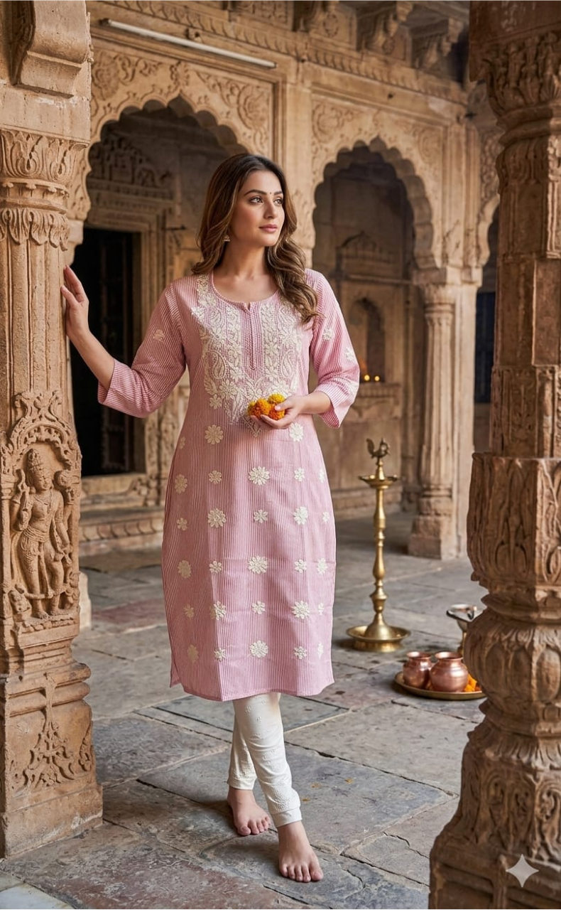 Pink Machine Chikankari Kurti.  Versatile Cotton Fabric. | Laces and Frills - Laces and Frills