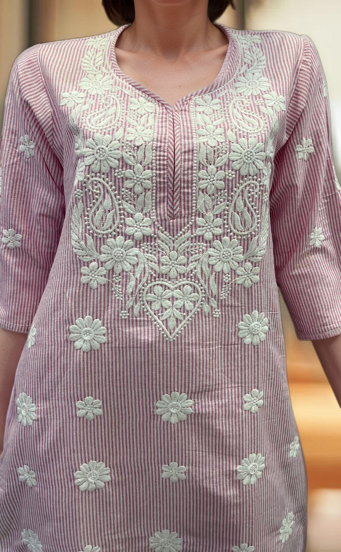 Pink Machine Chikankari Kurti.  Versatile Cotton Fabric. | Laces and Frills - Laces and Frills