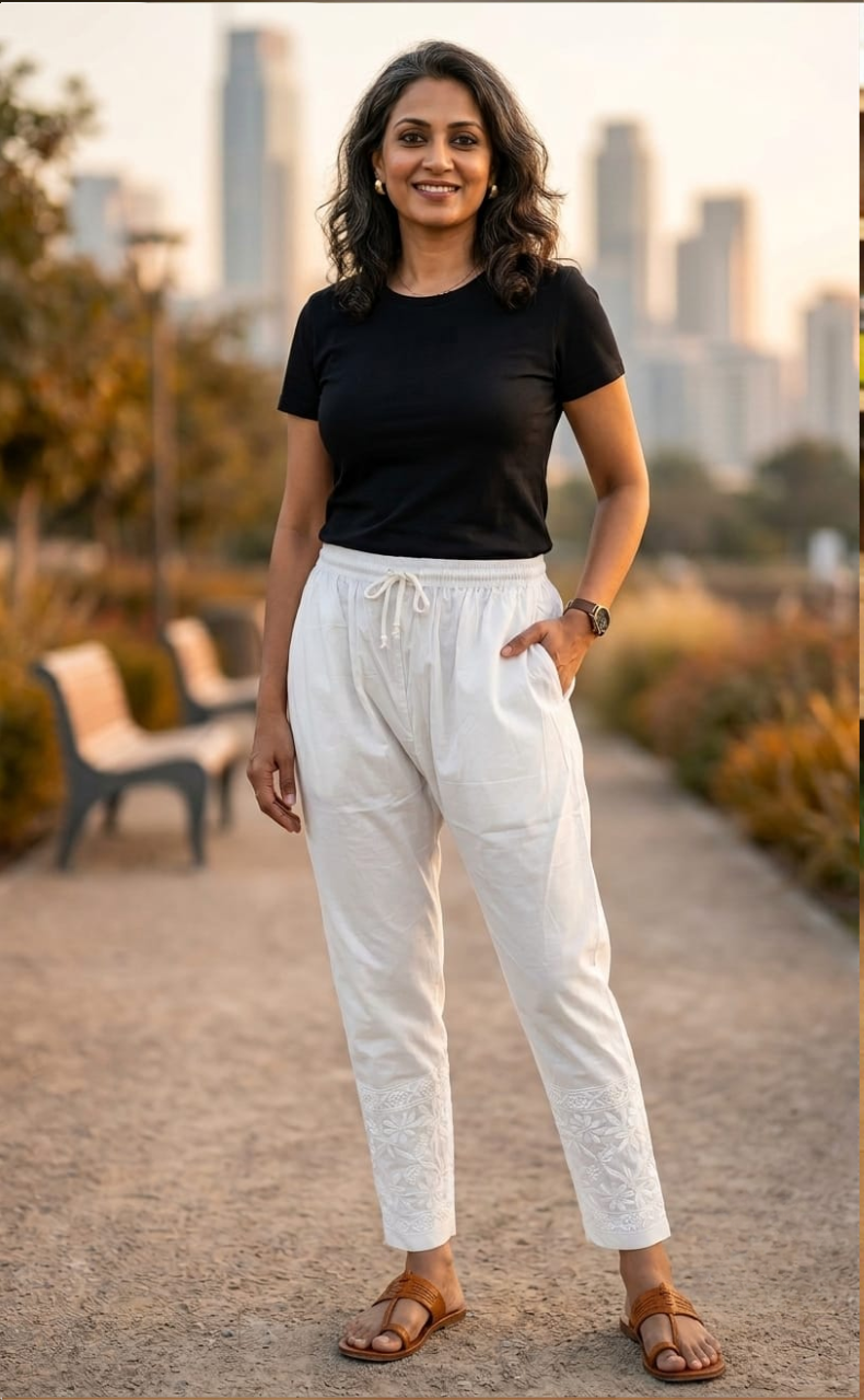 White Chikankari Straight Pants . Stretchable Cotton Lycra Fabric | Laces and Frills