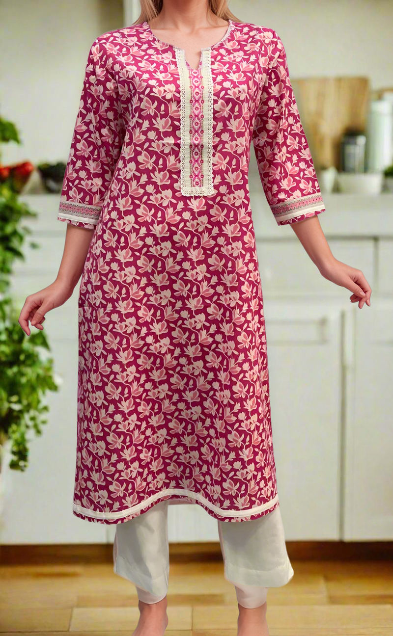 Pink Floral Cotton Kurti. Pure Versatile Cotton. | Laces and Frills - Laces and Frills