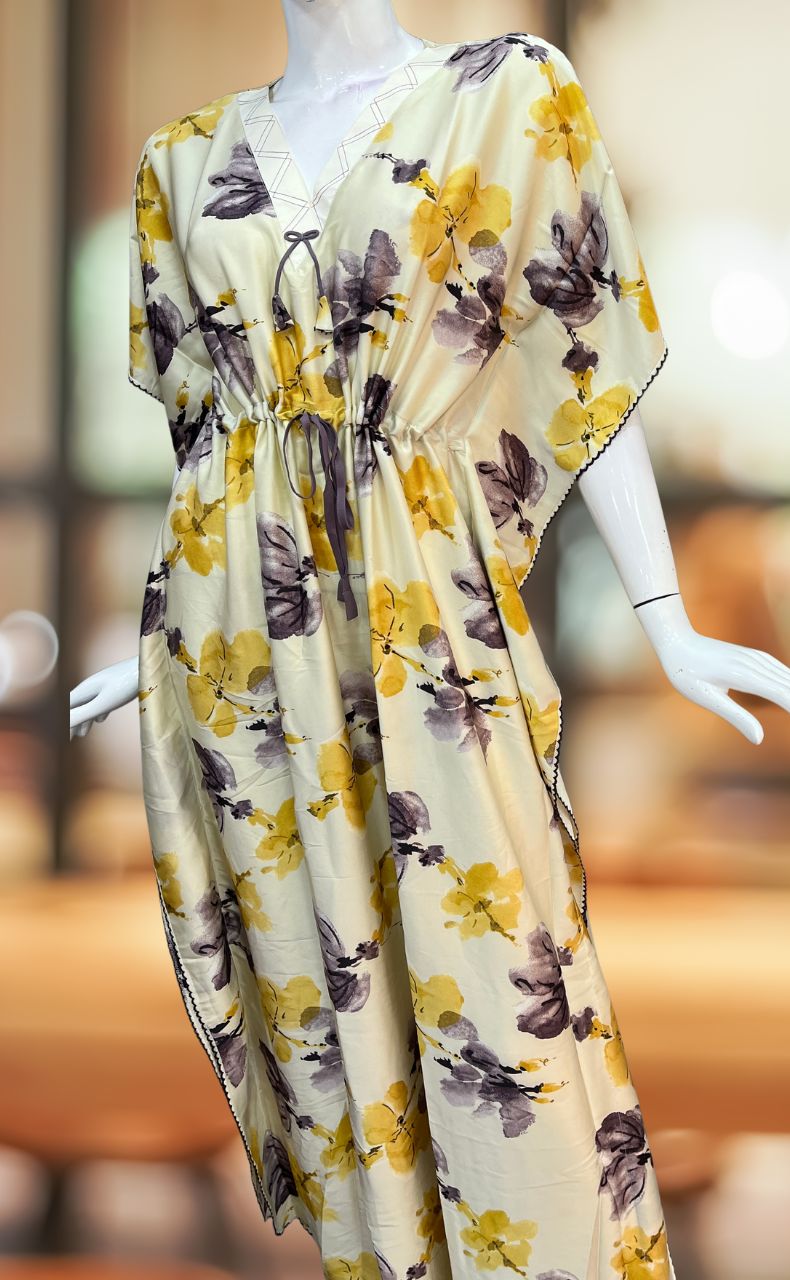 Off White/Lavender Floral Satin Kaftan .Soft Silky Satin | Laces and Frills - Laces and Frills