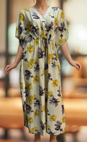 Off White/Lavender Floral Satin Kaftan .Soft Silky Satin | Laces and Frills - Laces and Frills