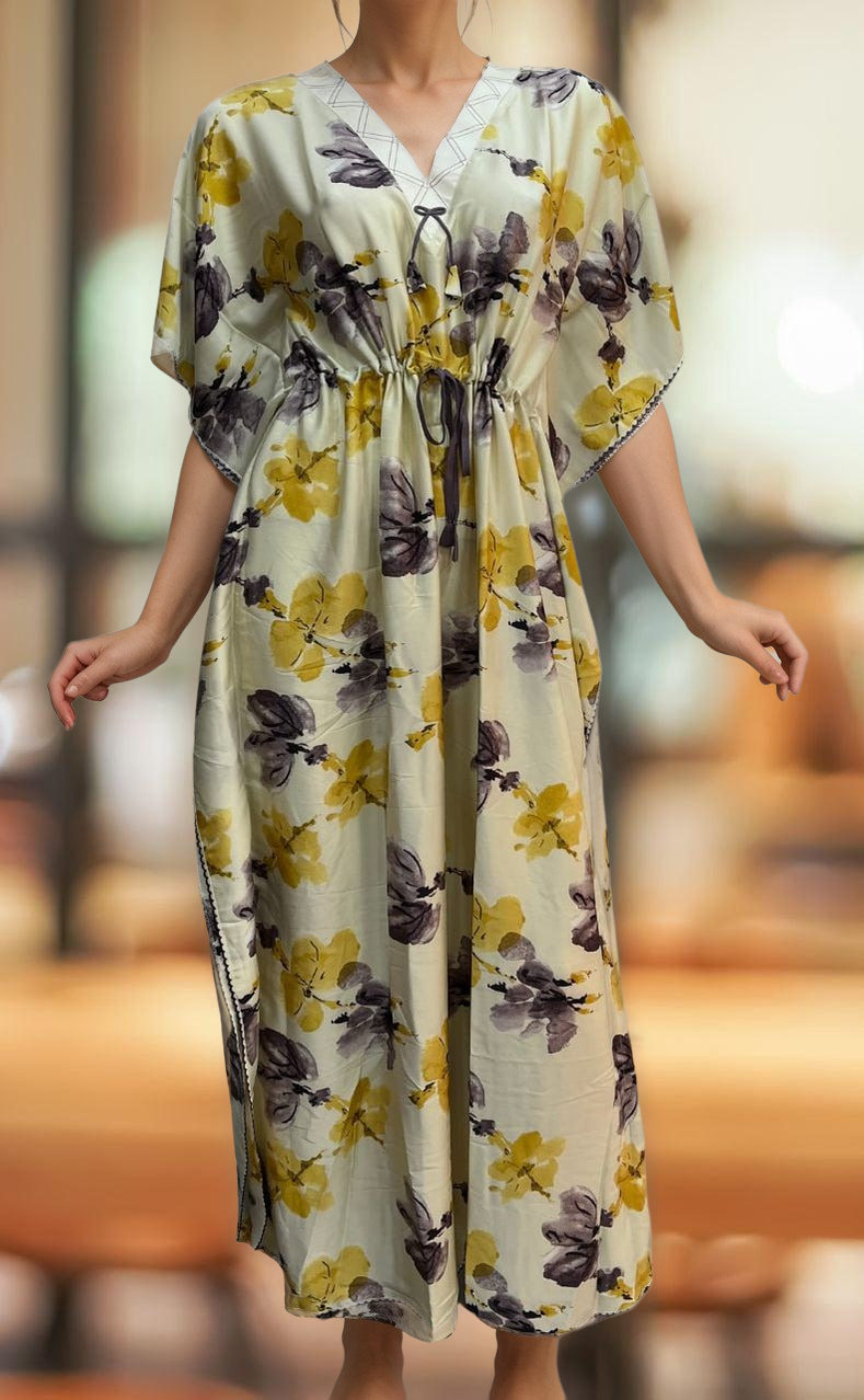 Off White/Lavender Floral Satin Kaftan .Soft Silky Satin | Laces and Frills - Laces and Frills