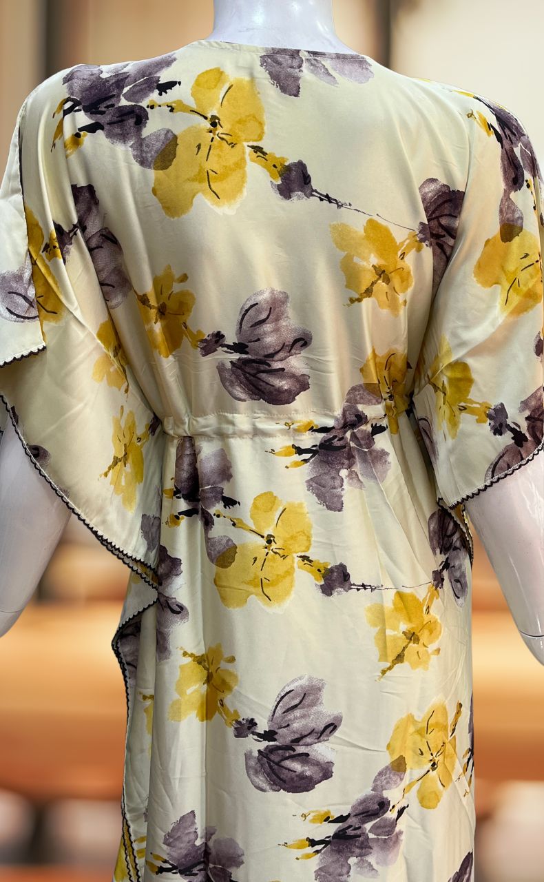 Off White/Lavender Floral Satin Kaftan .Soft Silky Satin | Laces and Frills - Laces and Frills