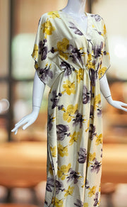 Off White/Lavender Floral Satin Kaftan .Soft Silky Satin | Laces and Frills - Laces and Frills