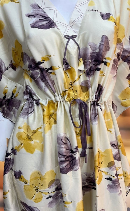 Off White/Lavender Floral Satin Kaftan .Soft Silky Satin | Laces and Frills - Laces and Frills