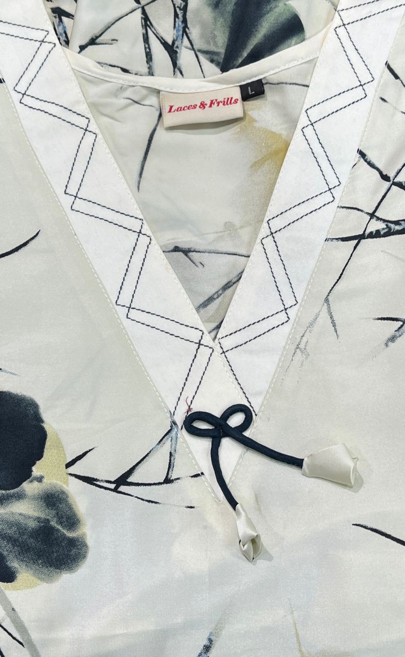 Off White/Black Floral Satin Kaftan .Soft Silky Satin | Laces and Frills - Laces and Frills