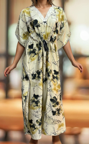 Off White/Black Floral Satin Kaftan .Soft Silky Satin | Laces and Frills - Laces and Frills