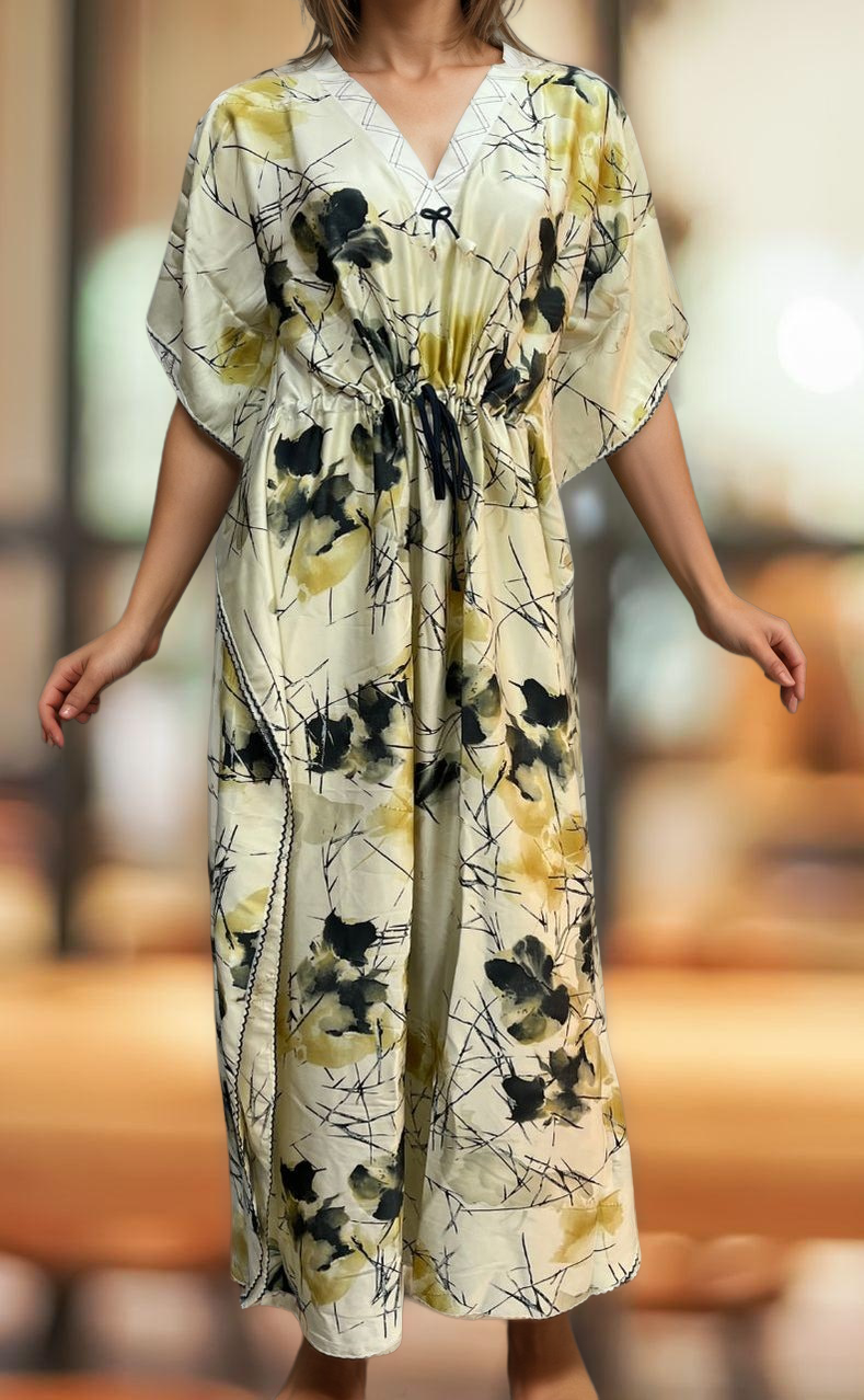 Off White/Black Floral Satin Kaftan .Soft Silky Satin | Laces and Frills - Laces and Frills