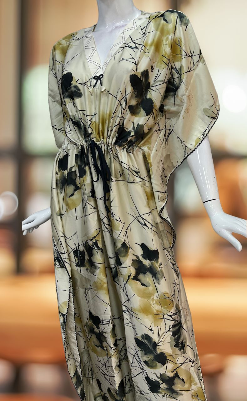 Off White/Black Floral Satin Kaftan .Soft Silky Satin | Laces and Frills - Laces and Frills