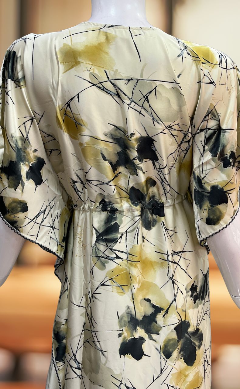 Off White/Black Floral Satin Kaftan .Soft Silky Satin | Laces and Frills - Laces and Frills