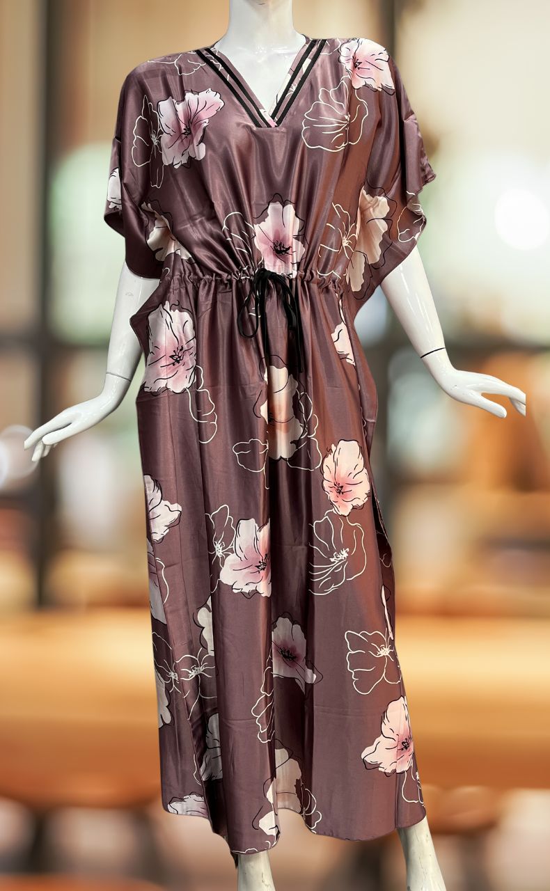 Onion Pink Floral Satin Kaftan .Soft Silky Satin | Laces and Frills - Laces and Frills