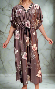 Onion Pink Floral Satin Kaftan .Soft Silky Satin | Laces and Frills