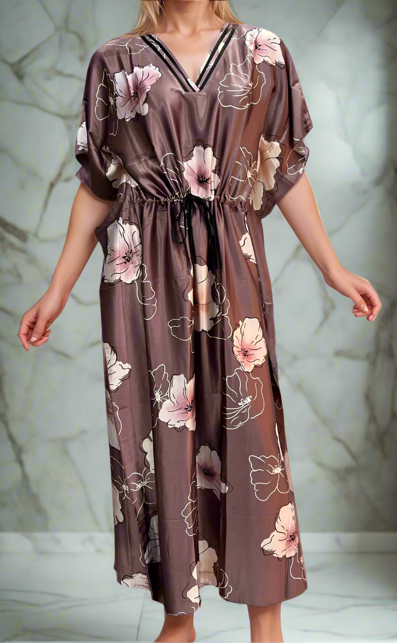 Onion Pink Floral Satin Kaftan .Soft Silky Satin | Laces and Frills