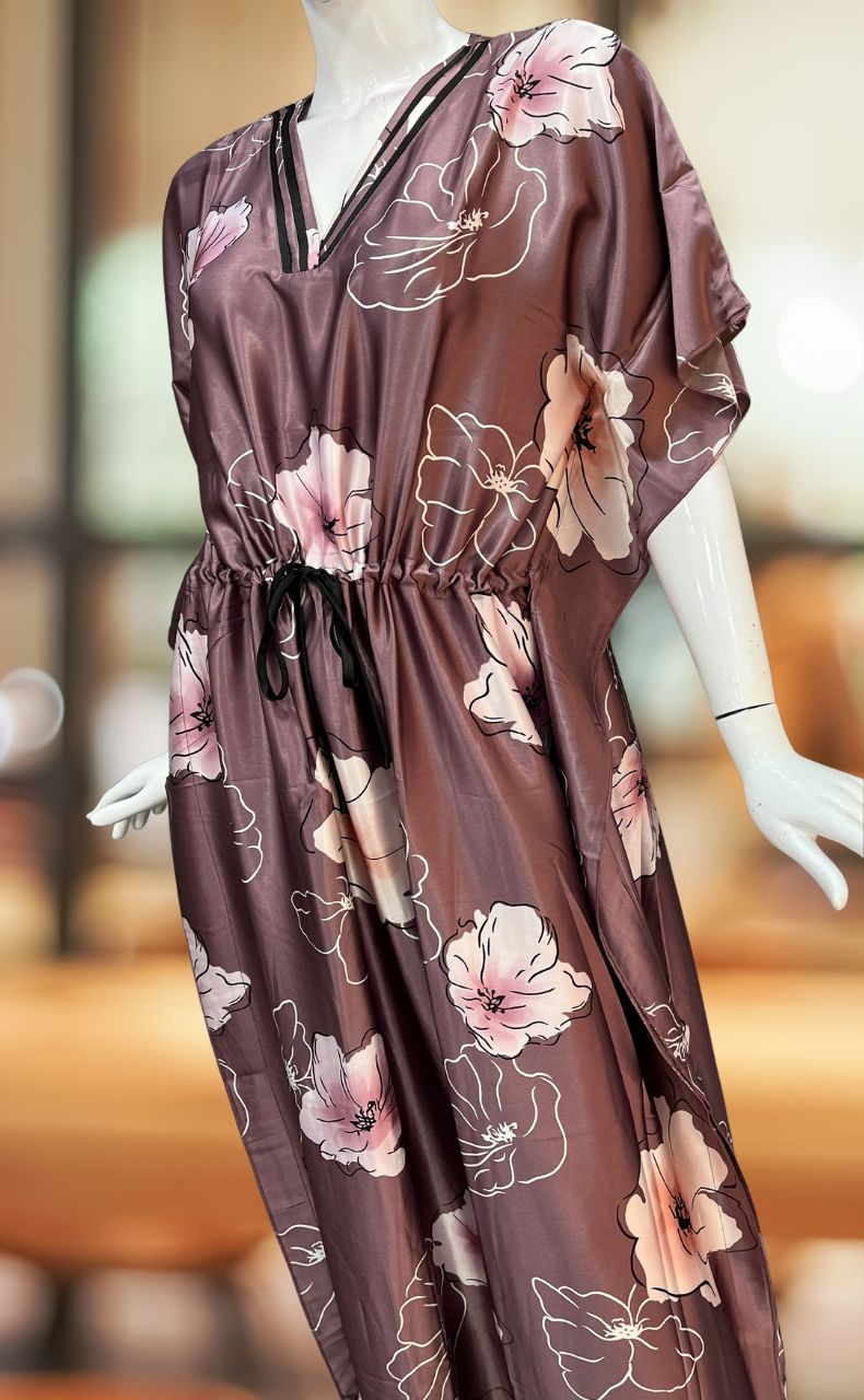 Onion Pink Floral Satin Kaftan .Soft Silky Satin | Laces and Frills - Laces and Frills