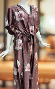 Onion Pink Floral Satin Kaftan .Soft Silky Satin | Laces and Frills - Laces and Frills