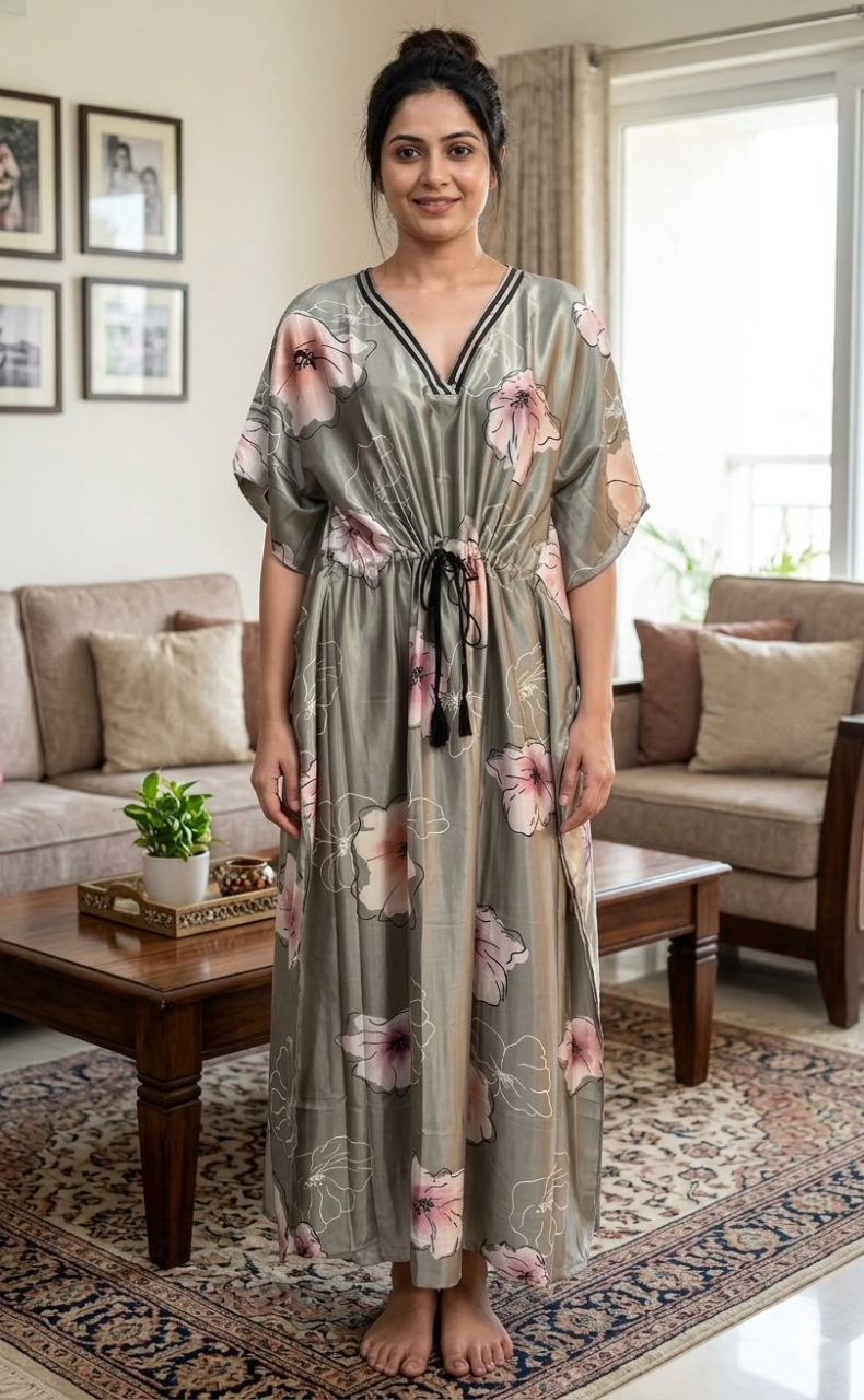 Grey Floral Satin Kaftan .Soft Silky Satin | Laces and Frills