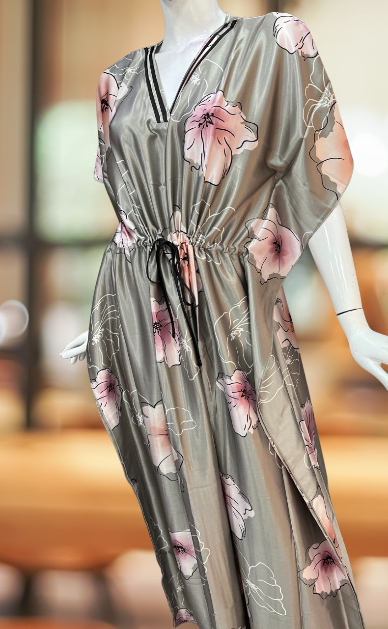 Grey Floral Satin Kaftan .Soft Silky Satin | Laces and Frills - Laces and Frills