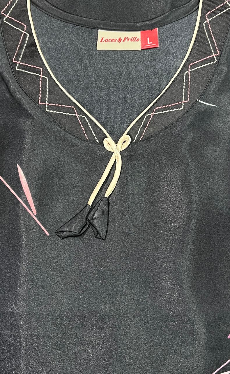 Black Floral Satin Kaftan .Soft Silky Satin | Laces and Frills - Laces and Frills