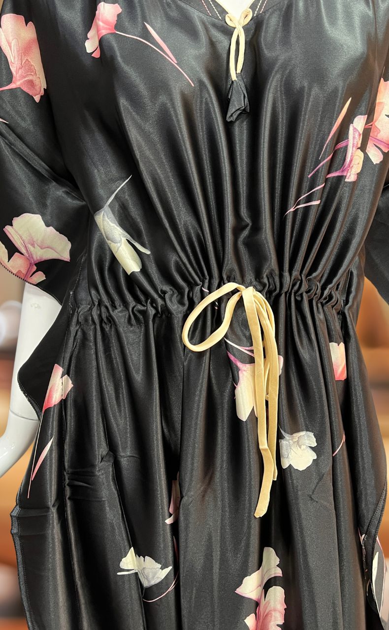 Black Floral Satin Kaftan .Soft Silky Satin | Laces and Frills - Laces and Frills