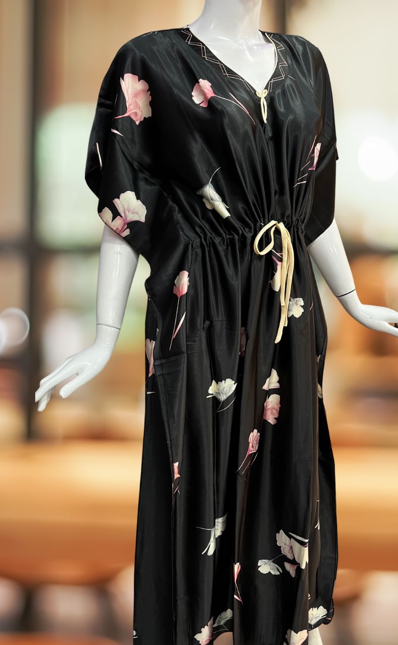 Black Floral Satin Kaftan .Soft Silky Satin | Laces and Frills - Laces and Frills