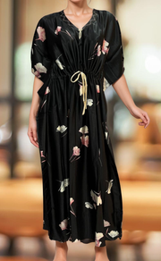 Black Floral Satin Kaftan .Soft Silky Satin | Laces and Frills - Laces and Frills