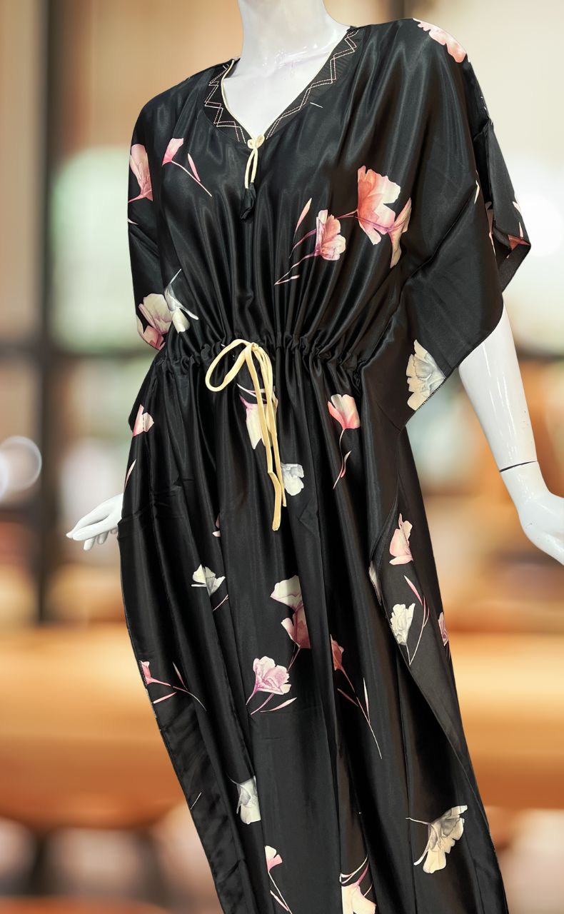 Black Floral Satin Kaftan .Soft Silky Satin | Laces and Frills - Laces and Frills