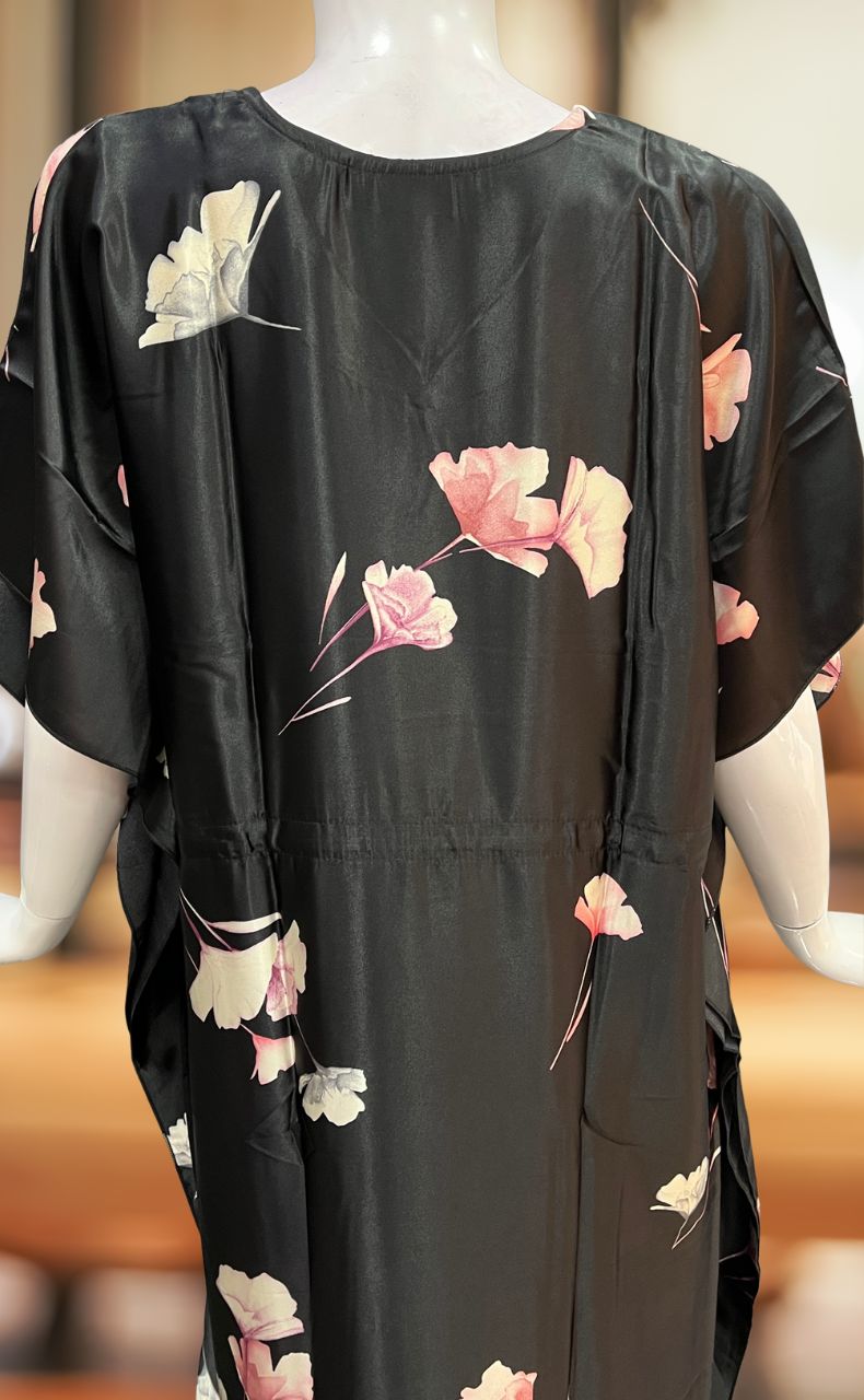 Black Floral Satin Kaftan .Soft Silky Satin | Laces and Frills - Laces and Frills