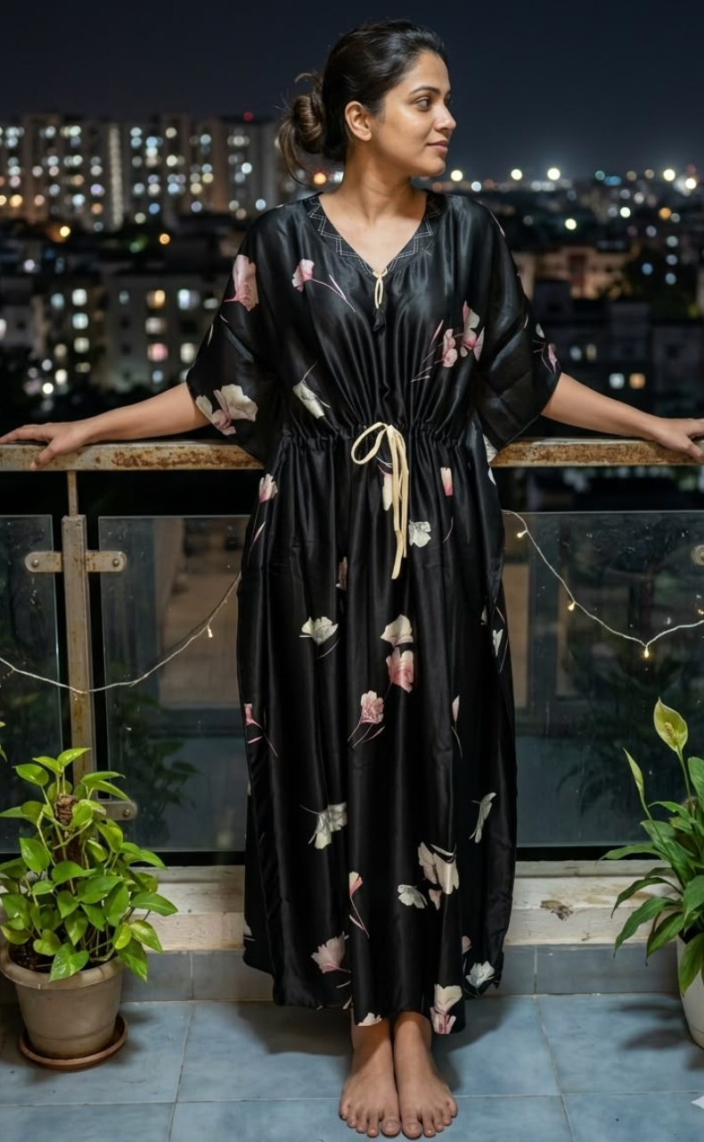Black Floral Satin Kaftan .Soft Silky Satin | Laces and Frills