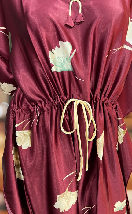 Maroon Floral Satin Kaftan .Soft Silky Satin | Laces and Frills - Laces and Frills