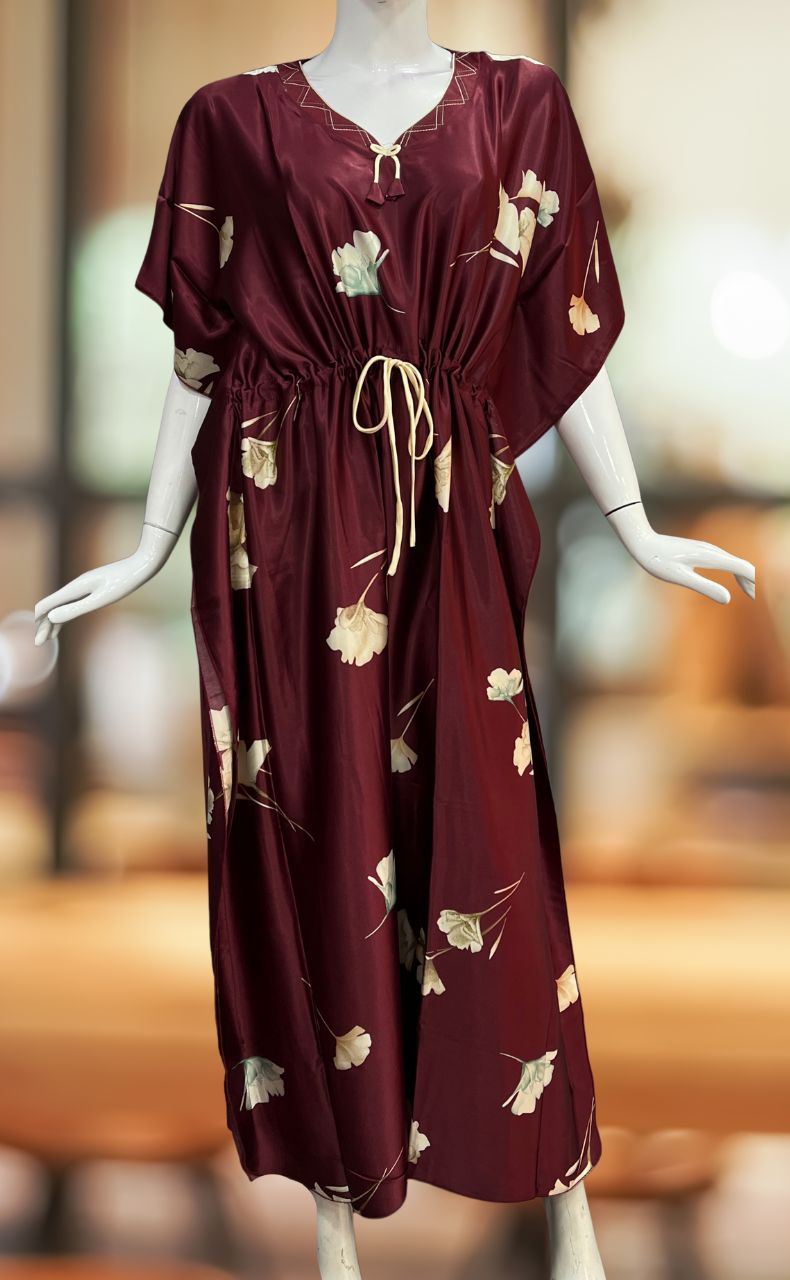 Maroon Floral Satin Kaftan .Soft Silky Satin | Laces and Frills - Laces and Frills