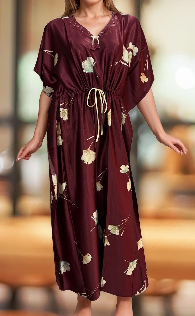 Maroon Floral Satin Kaftan .Soft Silky Satin | Laces and Frills - Laces and Frills