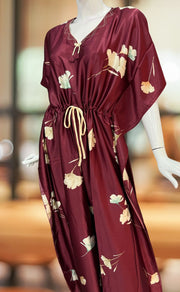 Maroon Floral Satin Kaftan .Soft Silky Satin | Laces and Frills - Laces and Frills