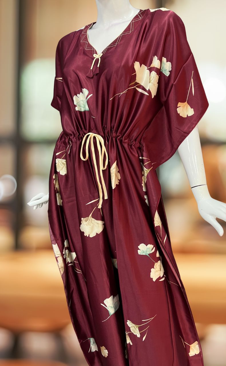 Maroon Floral Satin Kaftan .Soft Silky Satin | Laces and Frills - Laces and Frills