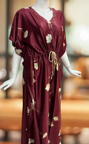Maroon Floral Satin Kaftan .Soft Silky Satin | Laces and Frills - Laces and Frills