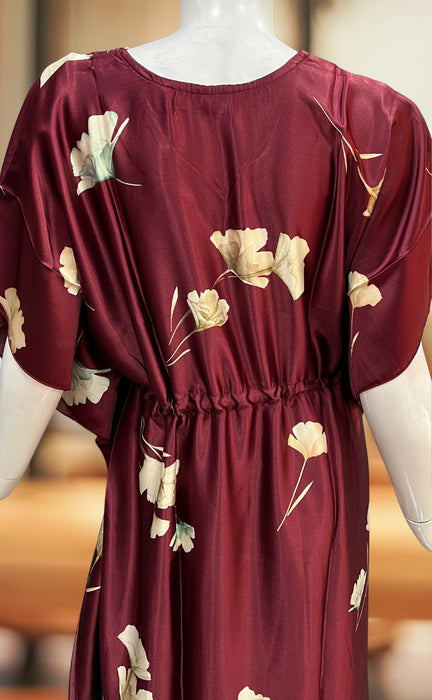 Maroon Floral Satin Kaftan .Soft Silky Satin | Laces and Frills - Laces and Frills