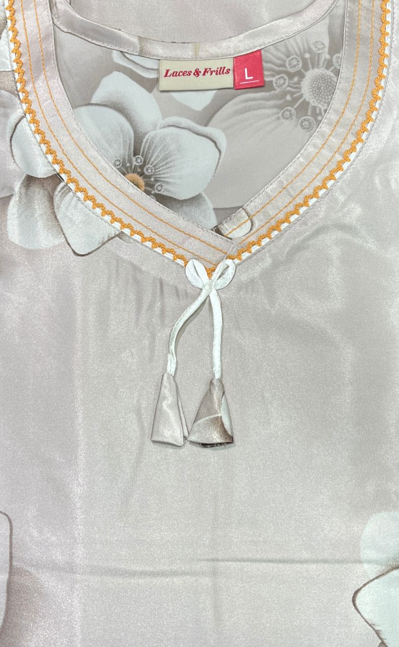 Light Brown Floral Satin Kaftan .Soft Silky Satin | Laces and Frills - Laces and Frills