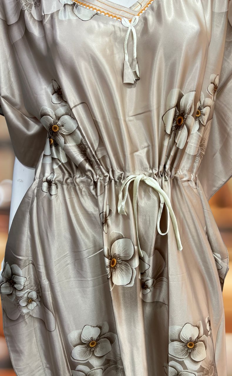Light Brown Floral Satin Kaftan .Soft Silky Satin | Laces and Frills - Laces and Frills