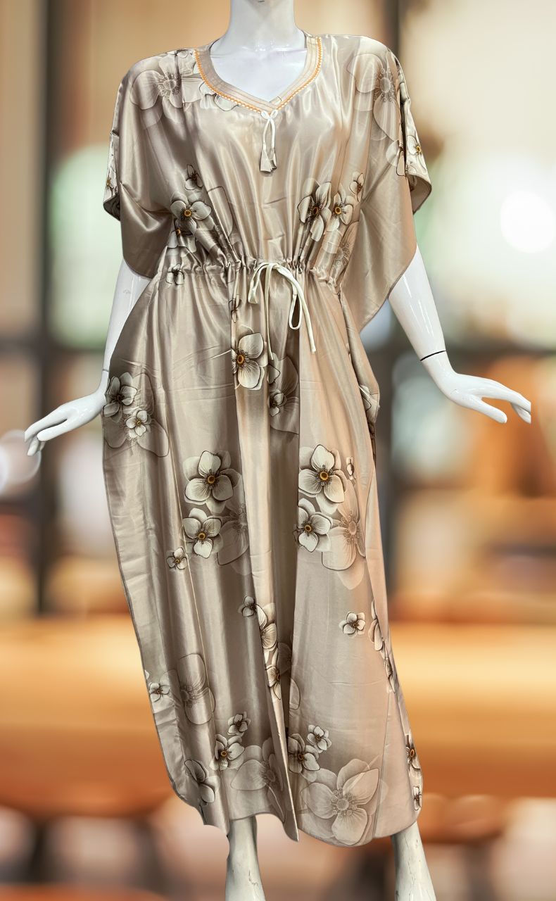 Light Brown Floral Satin Kaftan .Soft Silky Satin | Laces and Frills - Laces and Frills