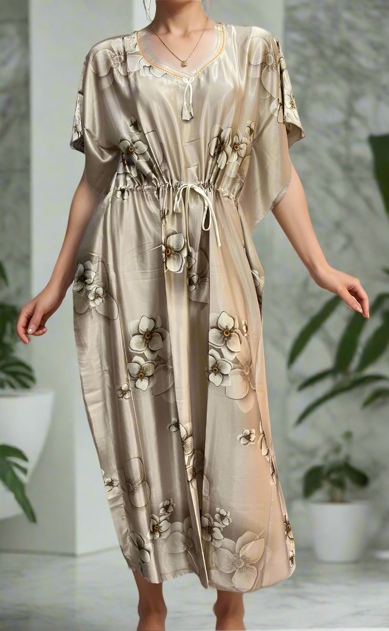 Light Brown Floral Satin Kaftan .Soft Silky Satin | Laces and Frills - Laces and Frills