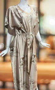 Light Brown Floral Satin Kaftan .Soft Silky Satin | Laces and Frills - Laces and Frills