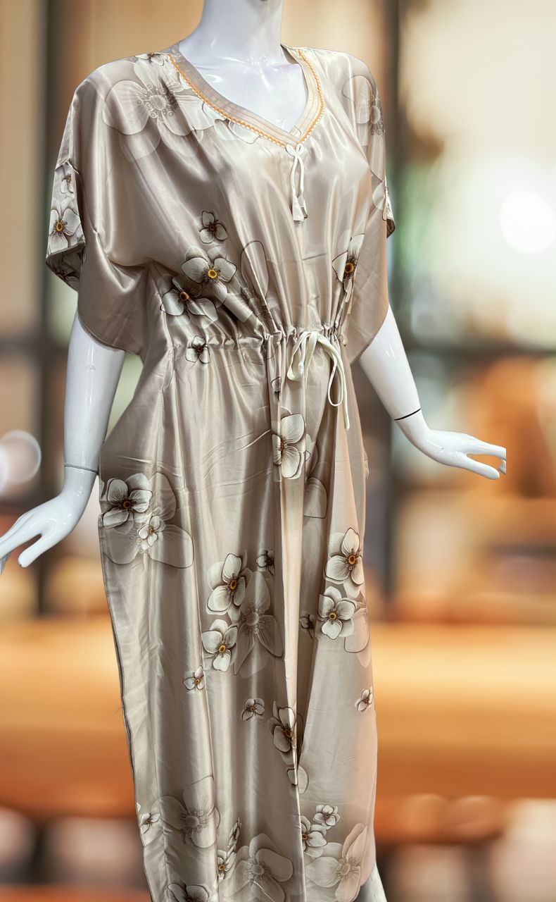 Light Brown Floral Satin Kaftan .Soft Silky Satin | Laces and Frills - Laces and Frills