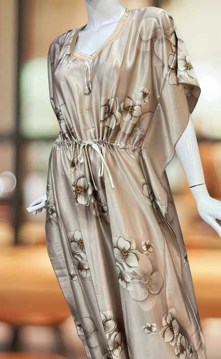 Light Brown Floral Satin Kaftan .Soft Silky Satin | Laces and Frills - Laces and Frills