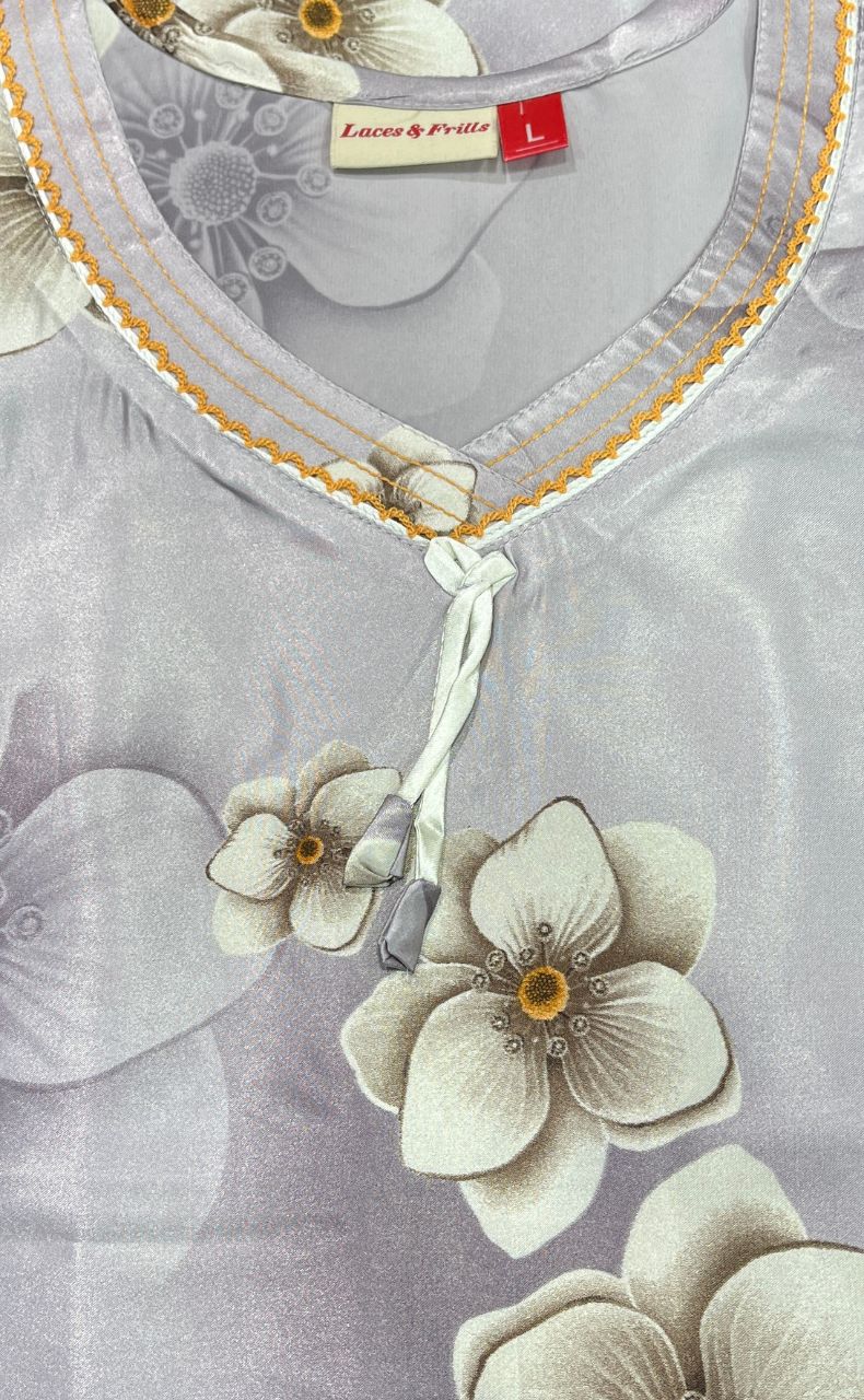 Light Lavender Floral Satin Kaftan .Soft Silky Satin | Laces and Frills - Laces and Frills