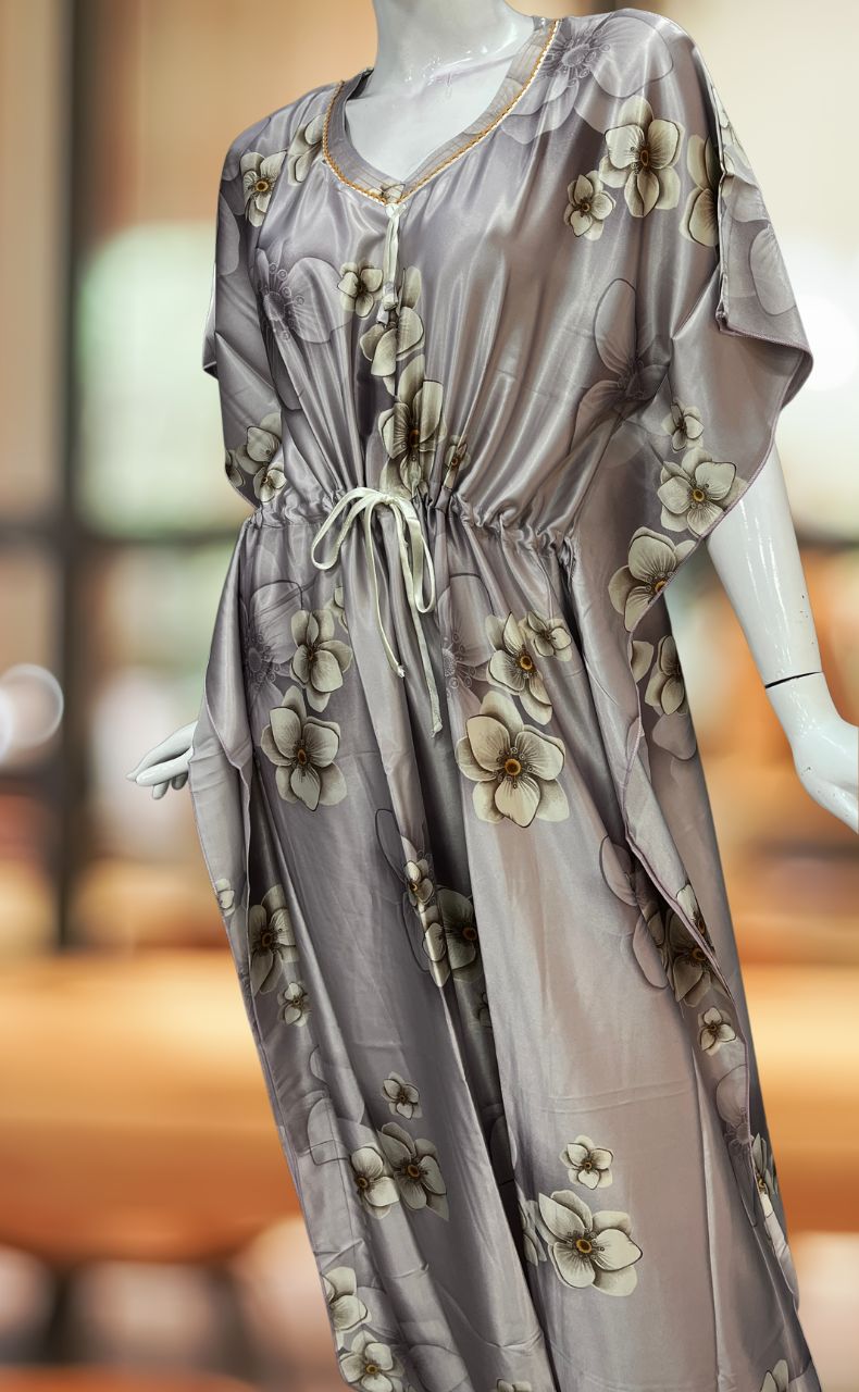 Light Lavender Floral Satin Kaftan .Soft Silky Satin | Laces and Frills - Laces and Frills