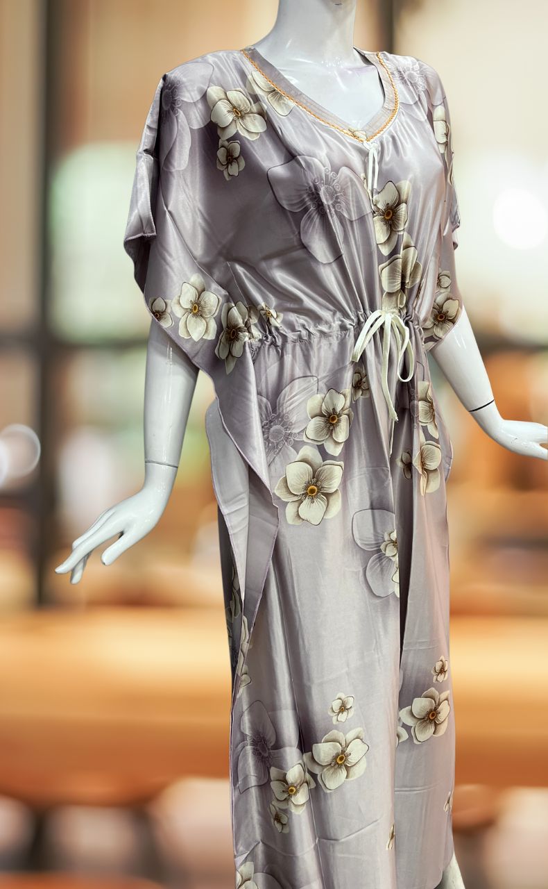Light Lavender Floral Satin Kaftan .Soft Silky Satin | Laces and Frills - Laces and Frills